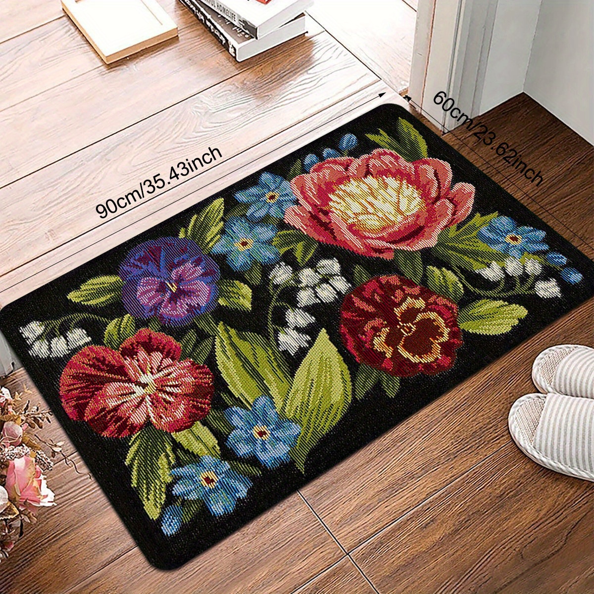 floral   print entrance mat non slip stain resistant polyester rug with sponge backing for indoor outdoor use   kitchen laundry room bathroom flannel 1cm sponge bottom quick dry details 4