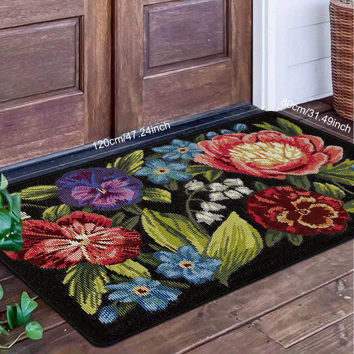 floral   print entrance mat non slip stain resistant polyester rug with sponge backing for indoor outdoor use   kitchen laundry room bathroom flannel 1cm sponge bottom quick dry details 5