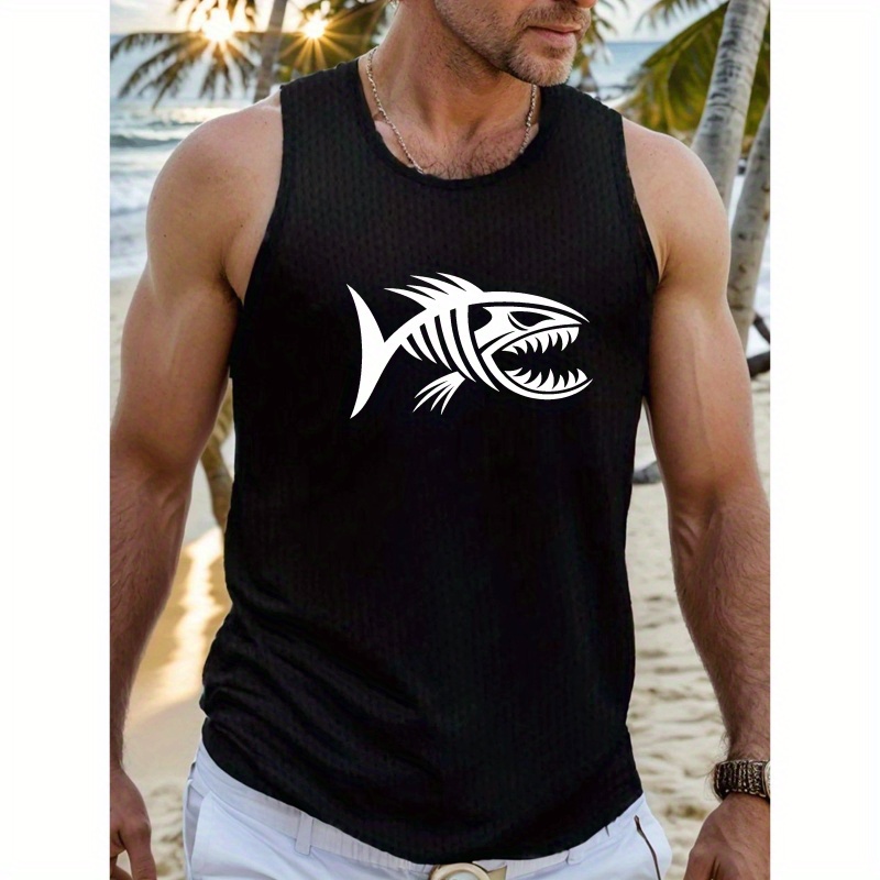 

Plus Size Men's Shark Graphic Top - Breathable, Quick-dry Sleeveless Tee For Sports & Fitness, Casual Summer Wear, Plus Size