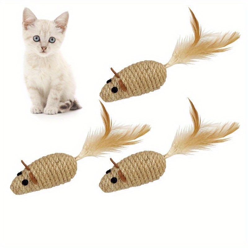 

3-piece Interactive Cat Toy Mice With Crinkle Hemp Rope & Chicken Feathers - Ideal For Small Breeds, No Batteries Required