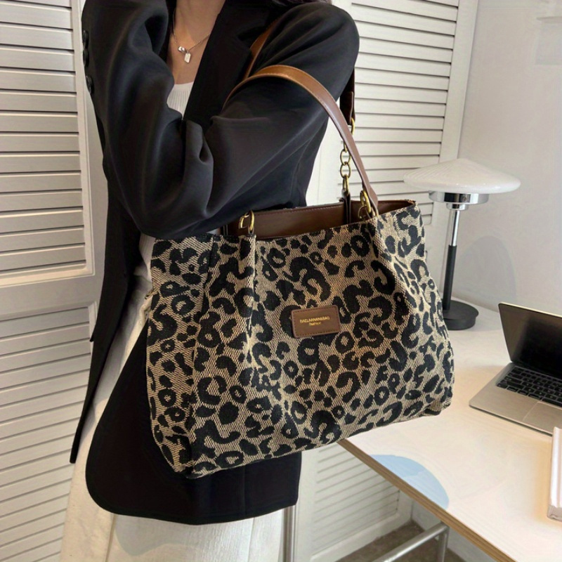 

Leopard Print Canvas Tote Bag, 14.57 X 9.75 X 9.06 Inches, Fashionable Shoulder Bag For Women, Perfect For School, Office, And Shopping