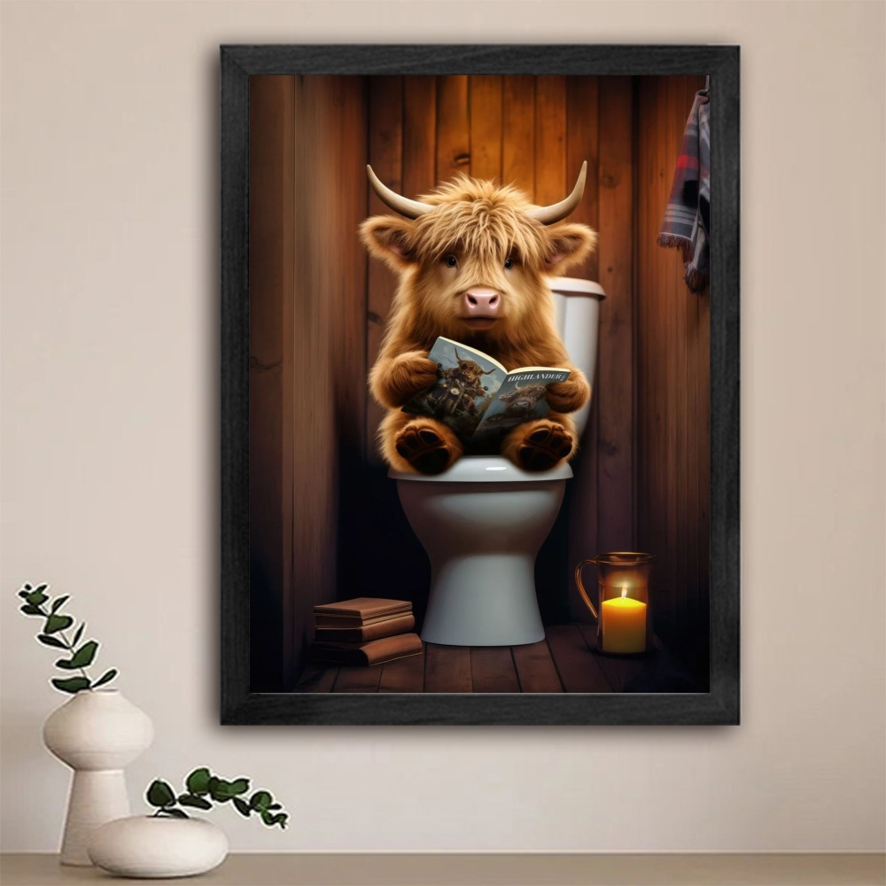 

1pc Highland Cow Reading Newspaper Canvas Print - Wall Art With Black Wood Frame, Reusable Poster & Built-in Hanging Hardware - Ideal For Living Room, Office For Day, Easter, Birthdays