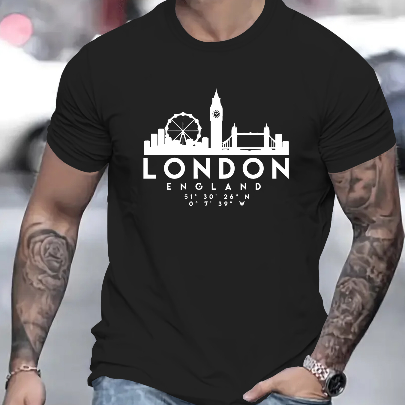 

Men's Casual Novelty T-shirt, " London " Creative Print Short Sleeve Summer Top, Comfort Fit, Stylish Crew Neck Tee For Daily Wear
