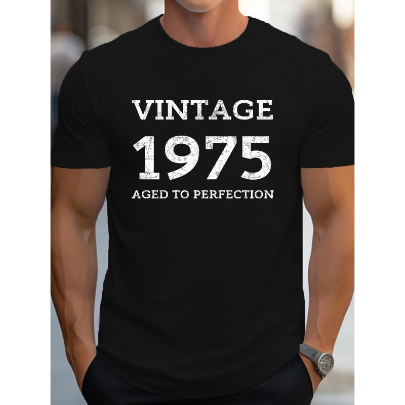 

Vintage 1975 Aged To Perfection Alphabet Print Crew Neck Short Sleeve T-shirt For Men, Casual Summer T-shirt For Daily Wear And Vacation Resorts