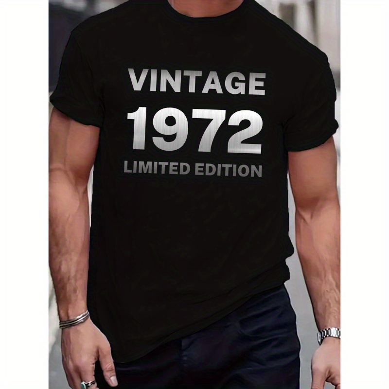 

Vintage 1972 Limited Edition Alphabet Print Crew Neck Short Sleeve T-shirt For Men, Casual Summer T-shirt For Daily Wear And Vacation Resorts