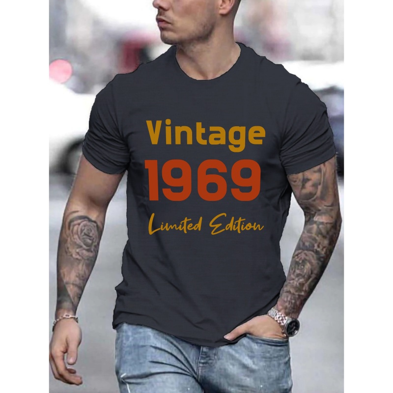 

Men's Stylish T-shirts, Crew Neck Tees With "vintage 1969" Print, Comfort Fit, Casual Short Sleeves, Trendy Tops For Summer& Spring