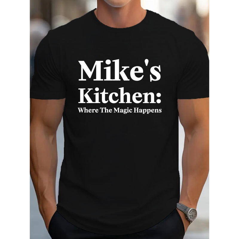 

Men's Casual Short Sleeve, Stylish T-shirt With " Mike's Kitchen"creative Print, Summer Fashion Top, Crew Neck Tee-shirt For Male