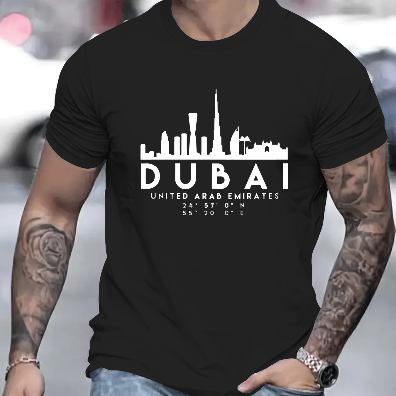 

Dubai Themed Graphic Print Crew Neck Short Sleeve T-shirt For Men, Casual Summer T-shirt For Daily Wear And Vacation Resorts