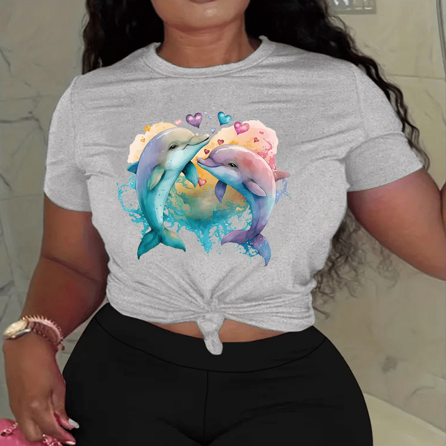 

Plus Size Print Biker Shorts Set, Short Sleeve Crew Neck T-shirt & Biker Shorts, Women's Plus Size Clothing