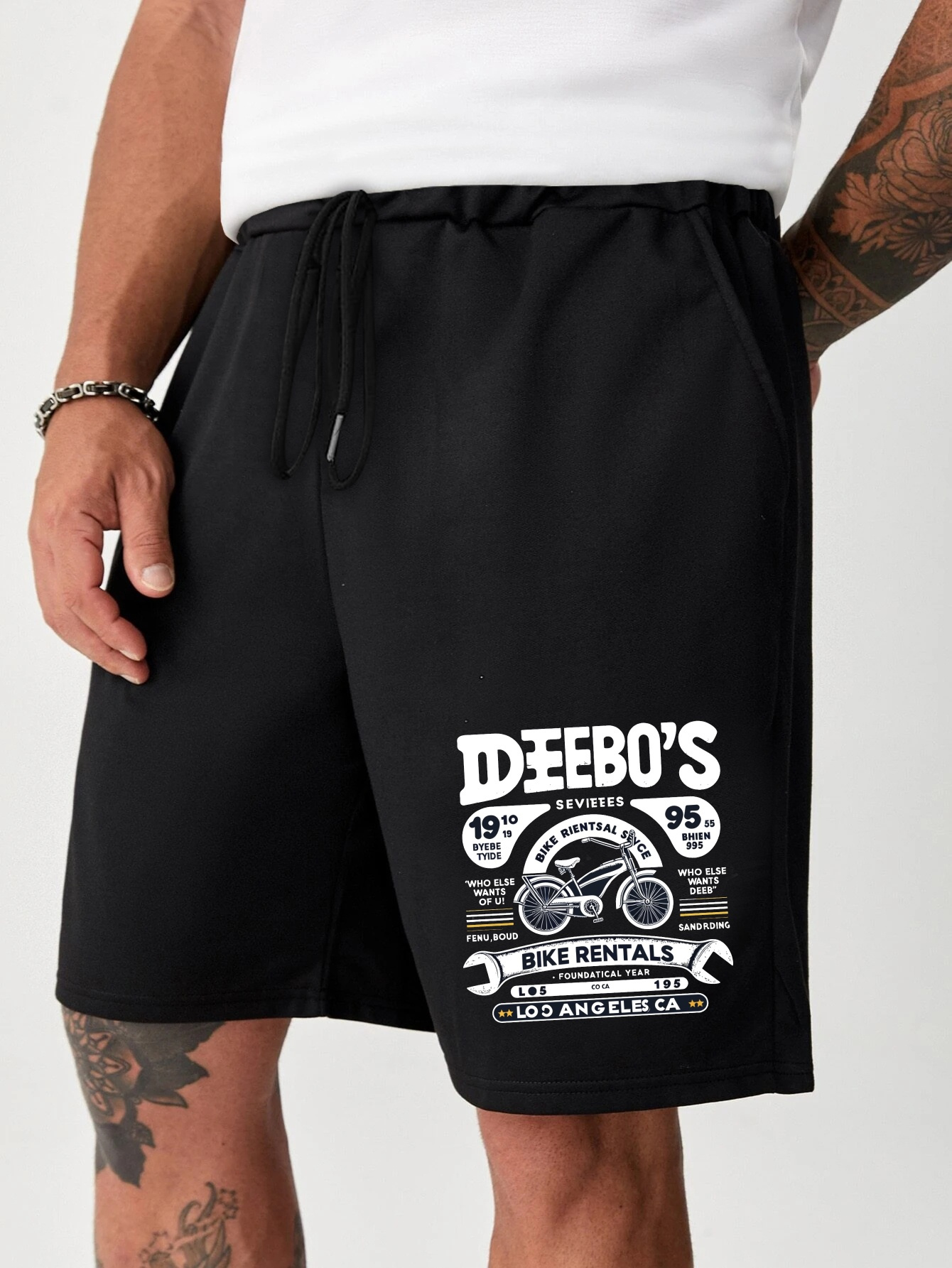 vintage bike print men's drawstring pants loose casual waist