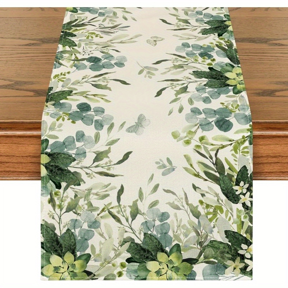 

1pc, Table Runner, Polyester Green Plants Eucalyptus Leaf Pattern Table Runner, Spring Theme Decorative Table Runner, Kitchen & Dining Room Decor, Party Decor