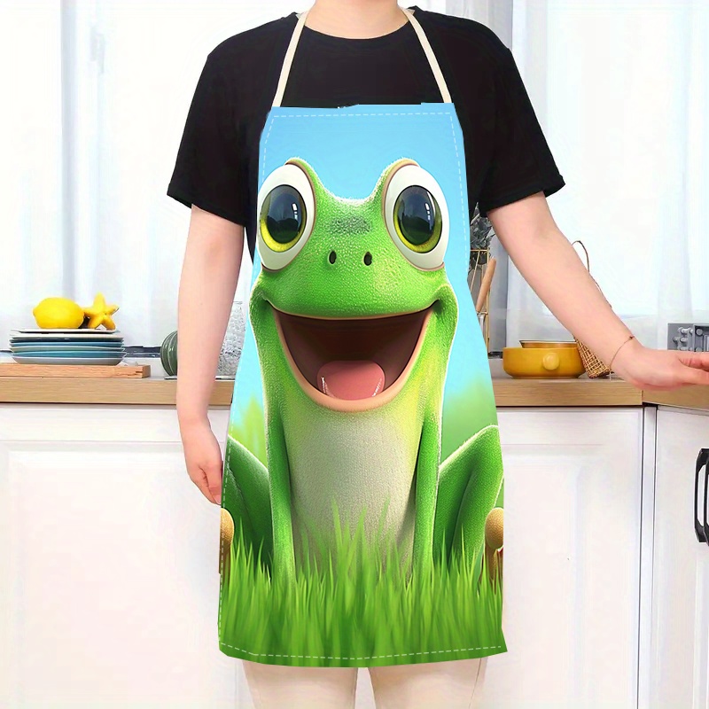 

1pc Cute Cartoon Frog Linen Apron - Sleeveless Kitchen Cooking Bib With Neck Strap, Woven Adult Unisex Smock For Stain Protection