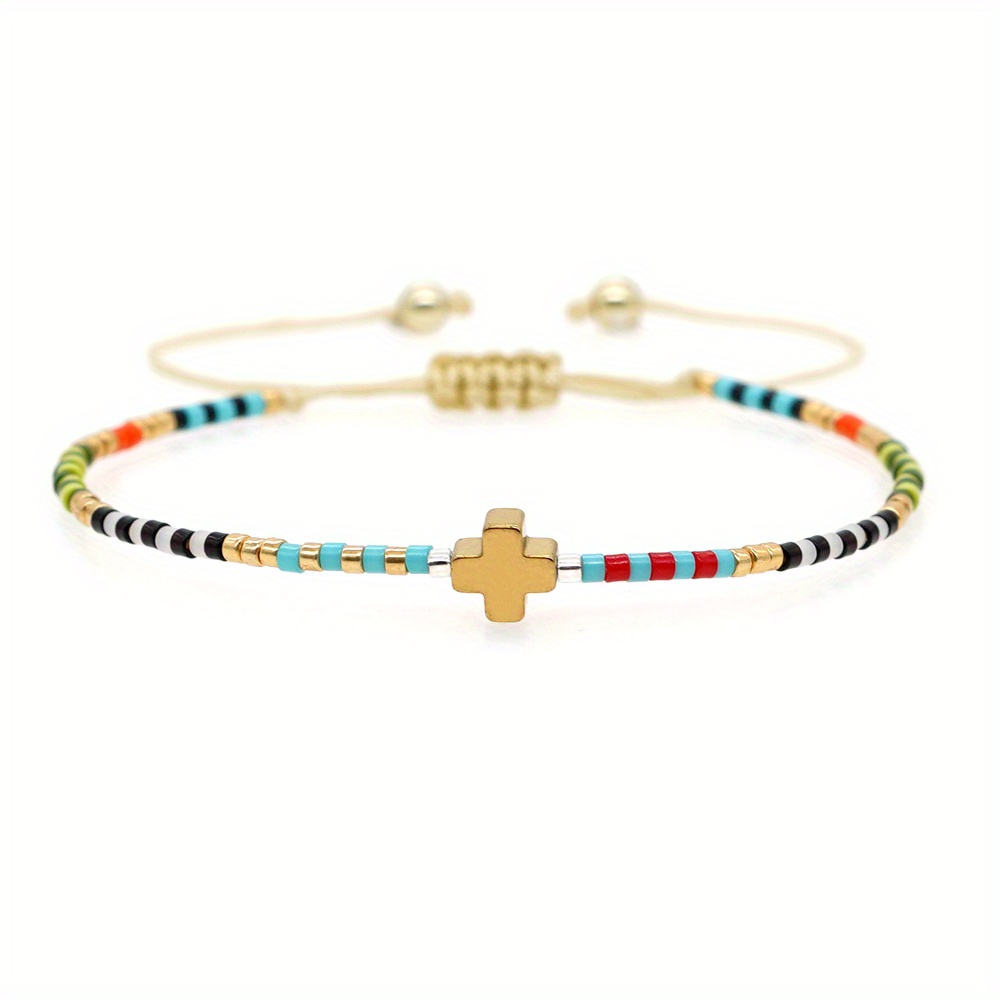 Image of 1pc Spring/summer Bohemian Style Rice Bead Weaving Cross Bead Bead Bracelet Weaving Rope Gift , Cute, Elegant, And Beautiful Festival Birthday Gift Bracelet For And