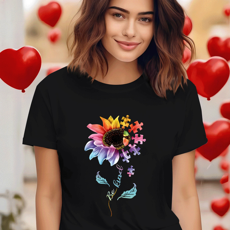 

Sunflower Print Crew Neck T-shirt, Short Sleeve Casual Top For Summer & Spring, Women's Clothing