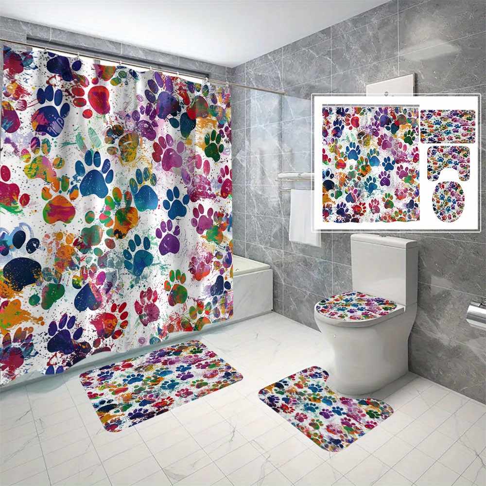 

4pcs/set Colorful Animal Paw Print Shower Curtain Set, Digital 3d Print Waterproof Mildew Resistant Bathroom Decor With Non-slip Rugs, Toilet Lid Cover, And Bath Mat, Easy Installation