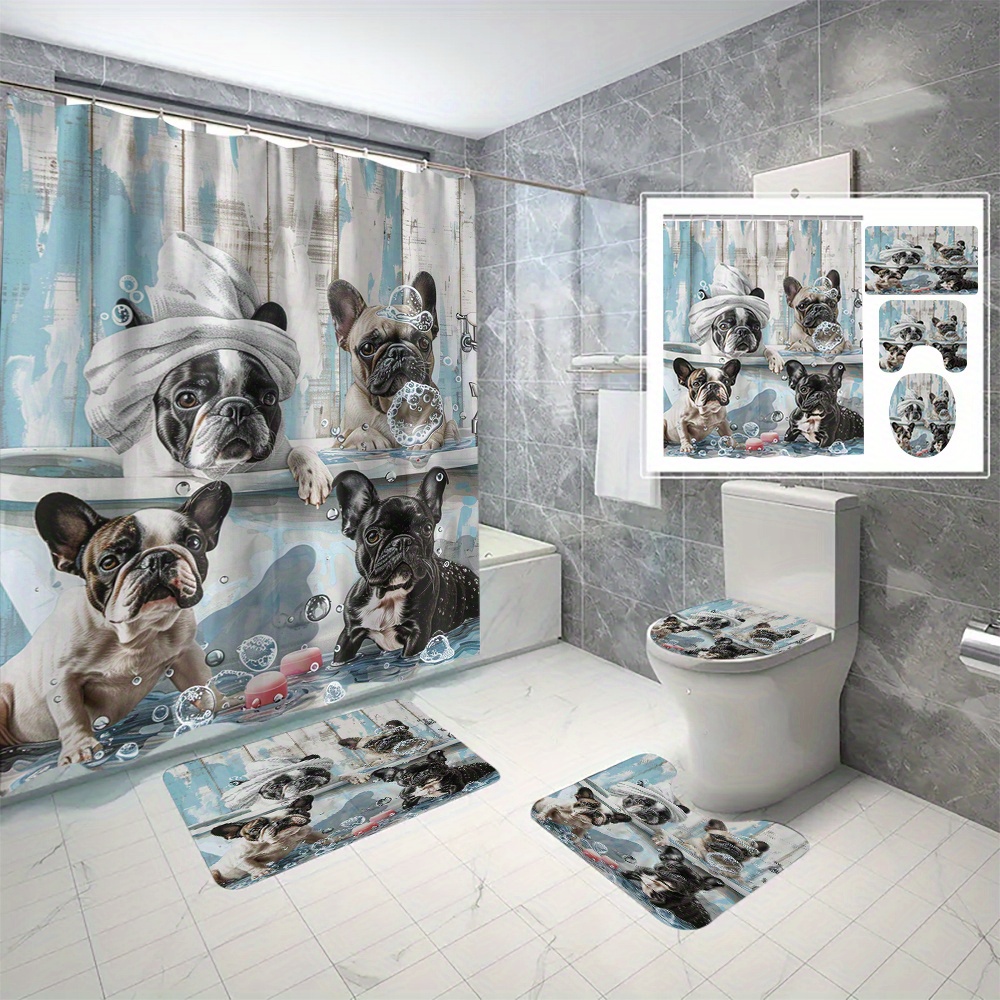 

4pcs/set 3d French Bulldog Shower Curtain, Bathroom Waterproof And Mildew Resistant Fabric, Includes Bath Mat, Toilet Lid Cover & Rug, Easy Install With 12 C-type Hooks