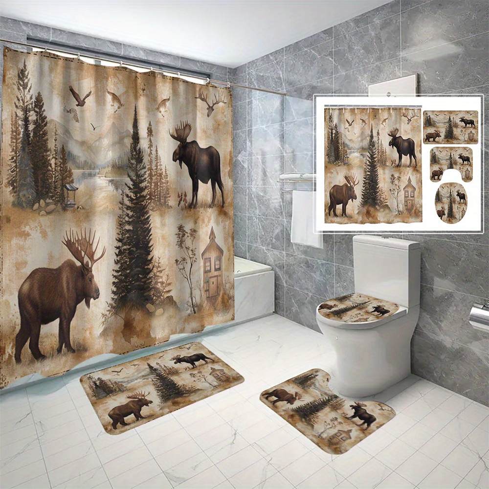 

4pcs/set Rustic Wildlife Moose Shower Curtain Set, 3d Digital Print Waterproof And Mildew Resistant Bathroom Decor With Non-slip Rugs, Toilet Lid Cover, Bath Mat, Hooks Included