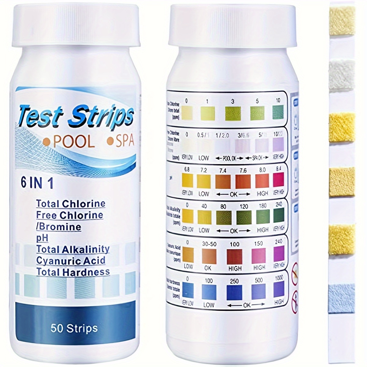

50pcs, 6-way Spa Test Strips, Swimming Pool Water Test Strips For Ph, Chlorine, Bromine, Alkalinity, Cyanuric Acid Hardness
