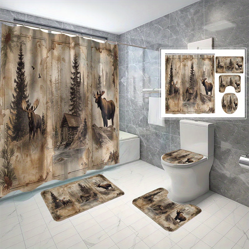 

4pcs/set Rustic Elk Shower Curtain Set, 3d Printed Waterproof Mildew Resistant Bath Curtain, Digital Forest And Moose Design With 12 C-type Hooks, Easy Install, Bathroom Decor