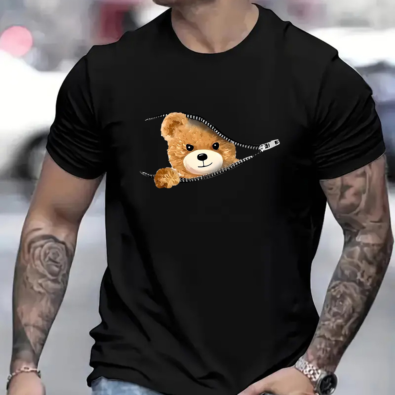 

Men's Stylish T-shirts, Casual Crew Neck Short Sleeves With Funny Bear Print Summer Comfort Tops