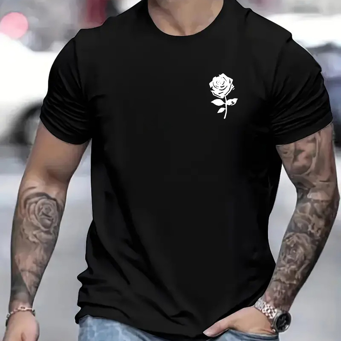 

Men's Trendy T-shirts, Comfort Fit, Casual Crew Neck Short Sleeves With Rose Print For Summer & Spring