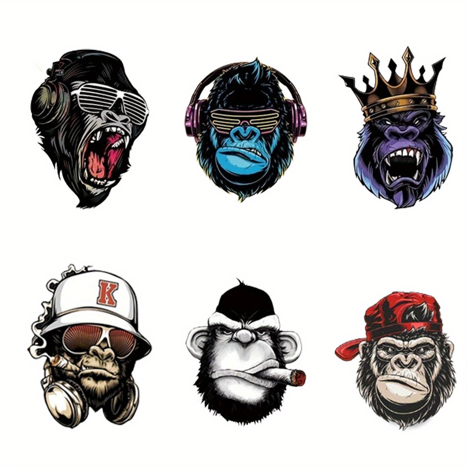 

6-pack King Gorilla Iron-on Patches, Polyester Heat Transfer Appliques For Decoration, Washable Clothing Stickers For Men And Women