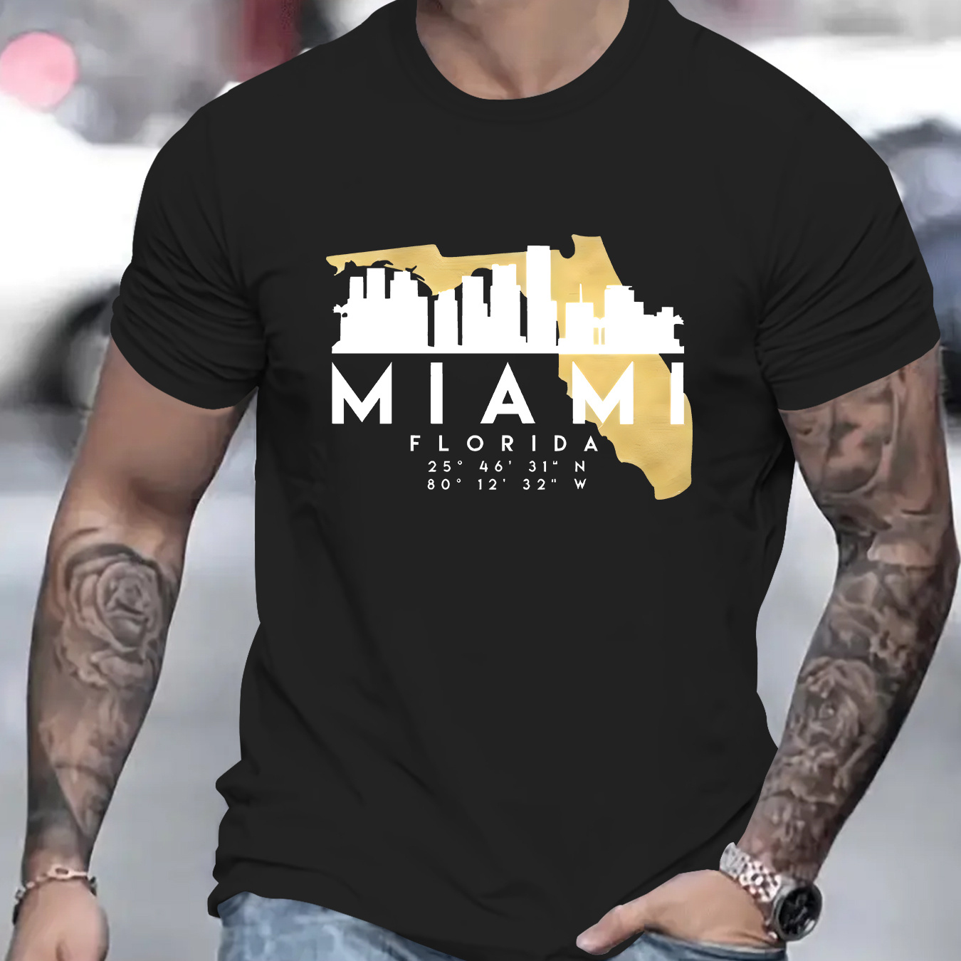 

Men's Casual Short Sleeve, Stylish T-shirt With "miami" Creative Print, Summer Fashion Top, Crew Neck Tee-shirt For Male