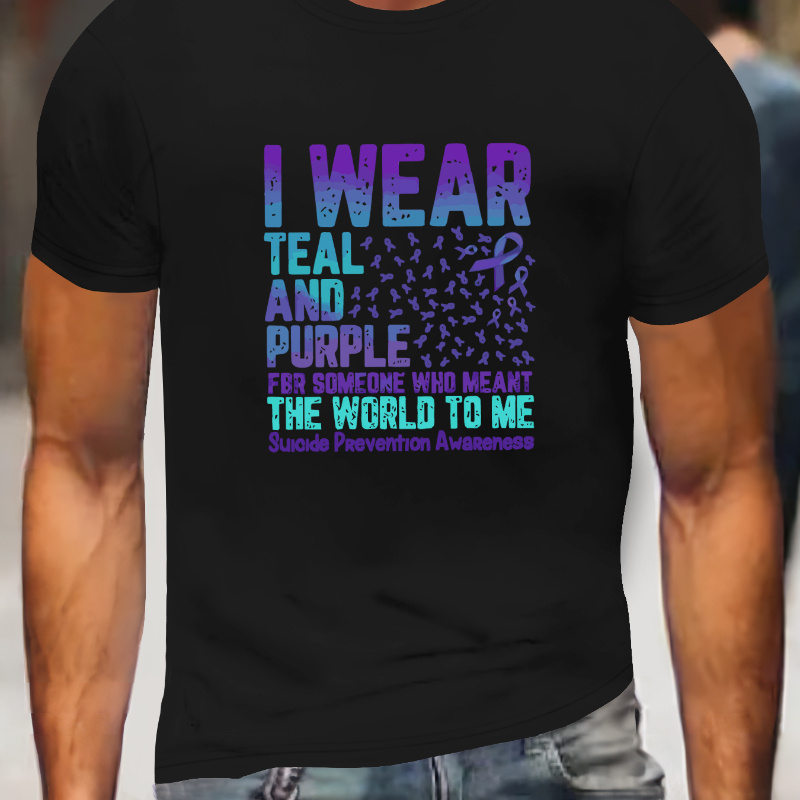 

Men's Black T-shirt With Teal And Purple Print, Casual Round Neck Short Sleeve Top, Fashion High-quality Comfort Fit