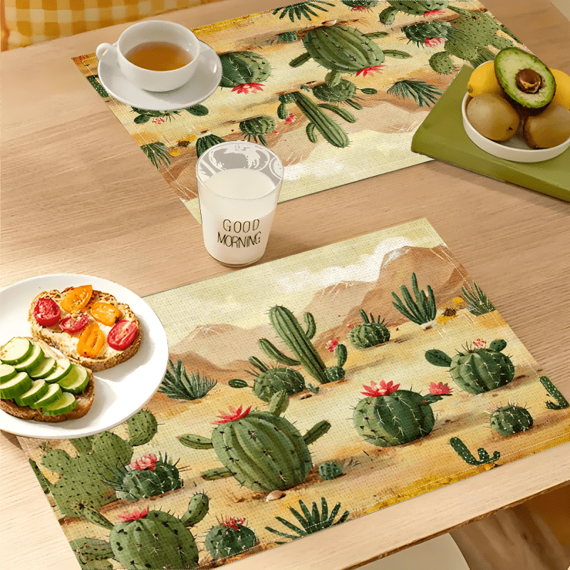 

4pcs Cactus Print Linen Place Mats, Machine Washable, Non-slip Heat Resistant, Rectangle Woven Table Mats For Dining And Kitchen Decor