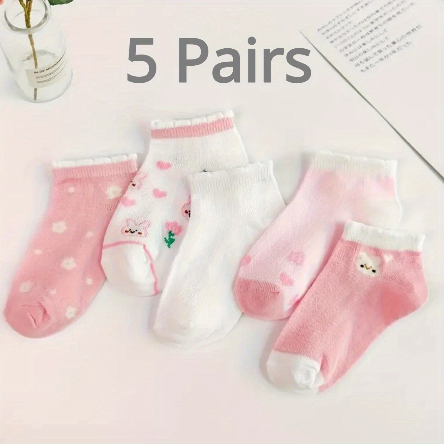 TEMU 5 Pairs Of Girl's Pink Rabbits Liner Socks, Thin Mesh Breathable Soft Socks For Daily Wearing