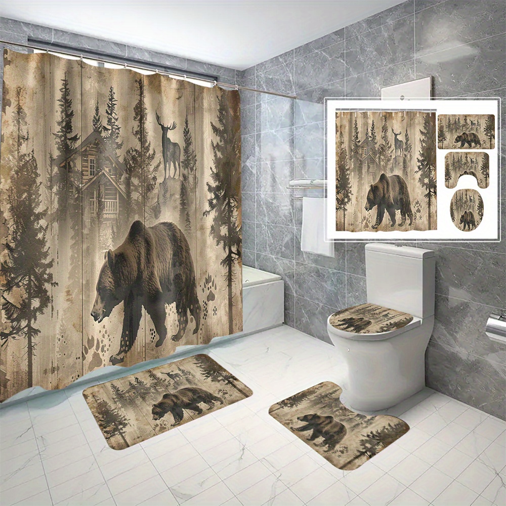 

4pcs Rustic Wildlife Bathroom Set, Bear & Deer Forest 3d Digital Print, Waterproof & Mildew Resistant Shower Curtain With Non-slip Mats & Toilet Cover, Hooks Included, No Drilling Required