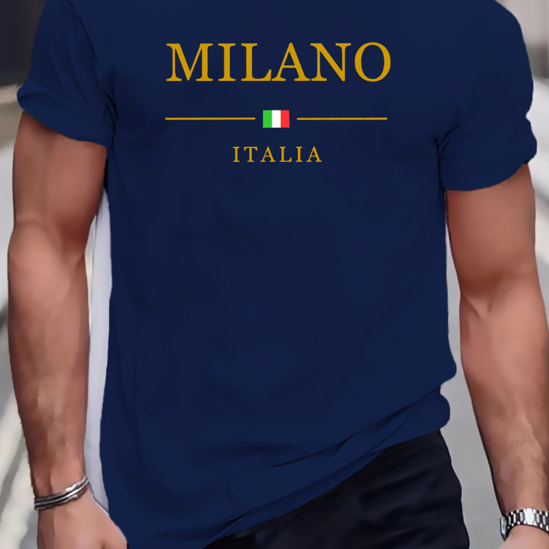 

Milano Print, Men's Round Crew Neck Short Sleeve, Simple Style Tee Fashion Regular Fit T-shirt, Casual Comfy Breathable Top For Spring Summer Holiday Leisure Vacation Men's Clothing As Gift