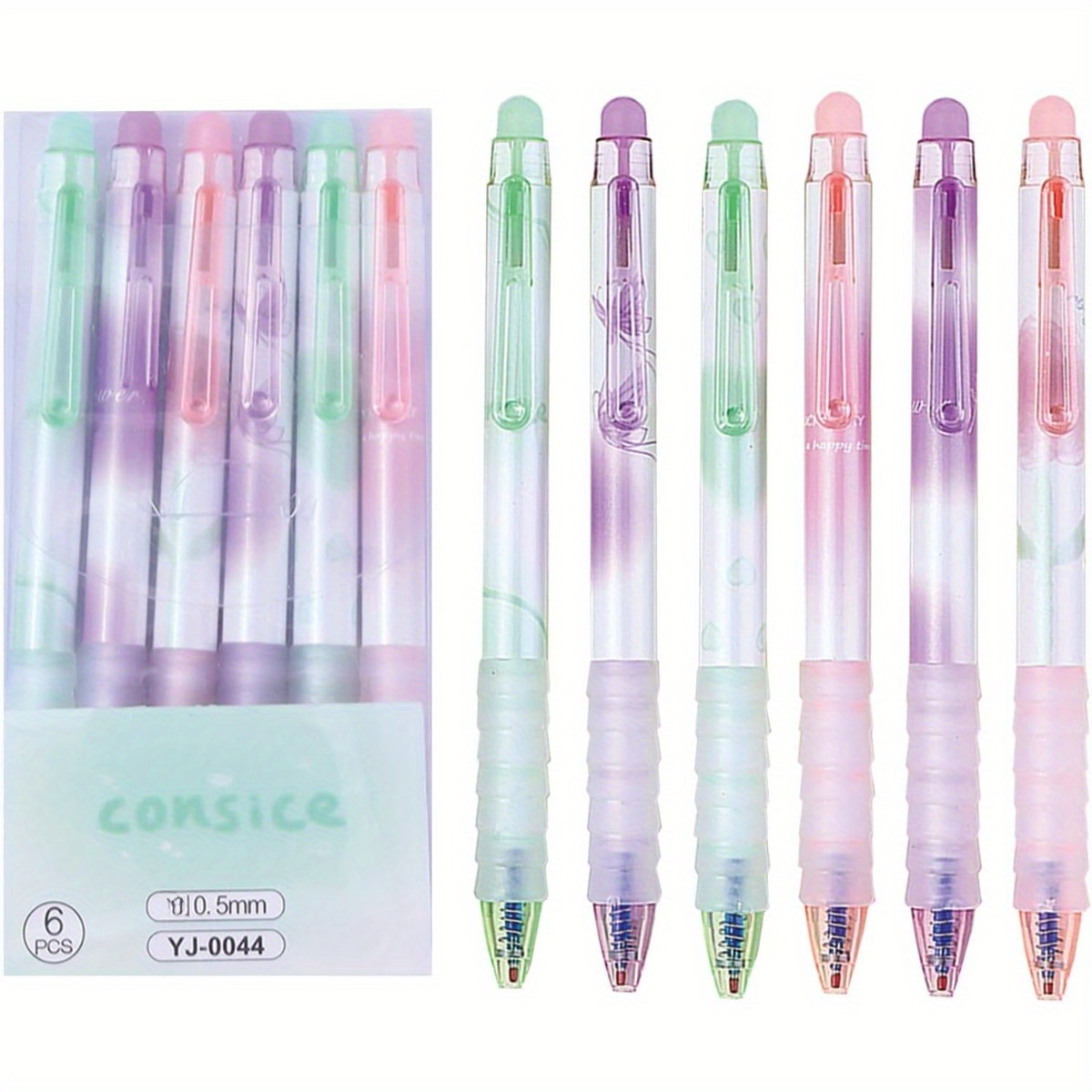 

6 Pack Retractable Erasable Gel Ink Pens - 0.5mm Fine Point Blue Ink Rollerball Pens For Office School, Aesthetic Plastic Pastel Design For Women & Girls