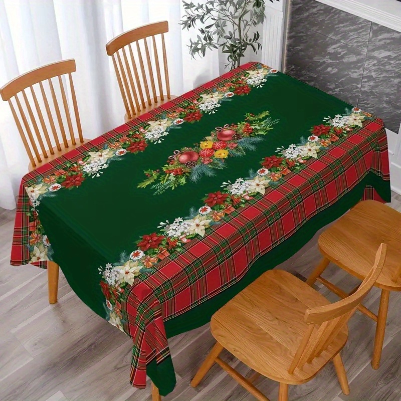 

Premium Quality Merry Christmas Tablecloth: Durable Polyester With Red And Green Plaid Bells And Flowers Pattern - Perfect Holiday Gift For Home, Table Tops, And Parties