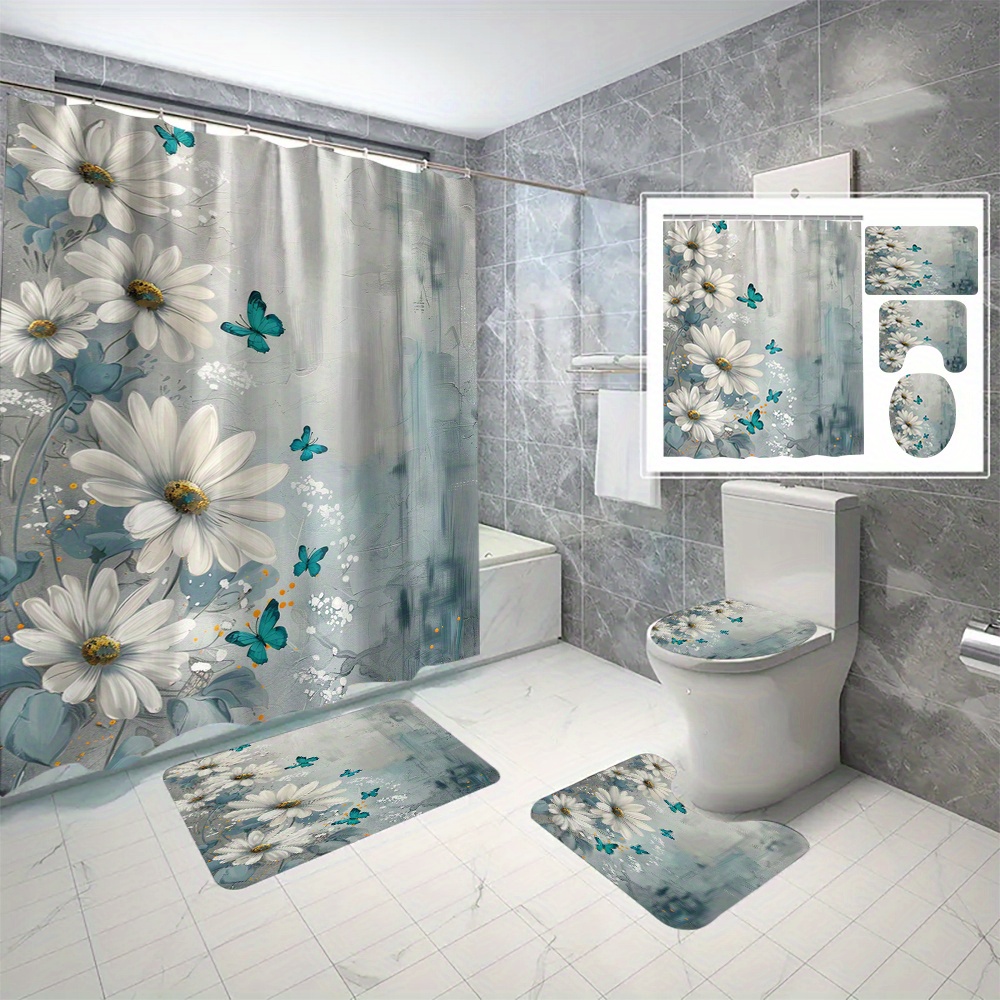 

4pcs/set Floral Waterproof Shower Curtain Set With 12 C-type Hooks, 3d Digital Print, Mildew Resistant, No-drill Installation, Bathroom Decor