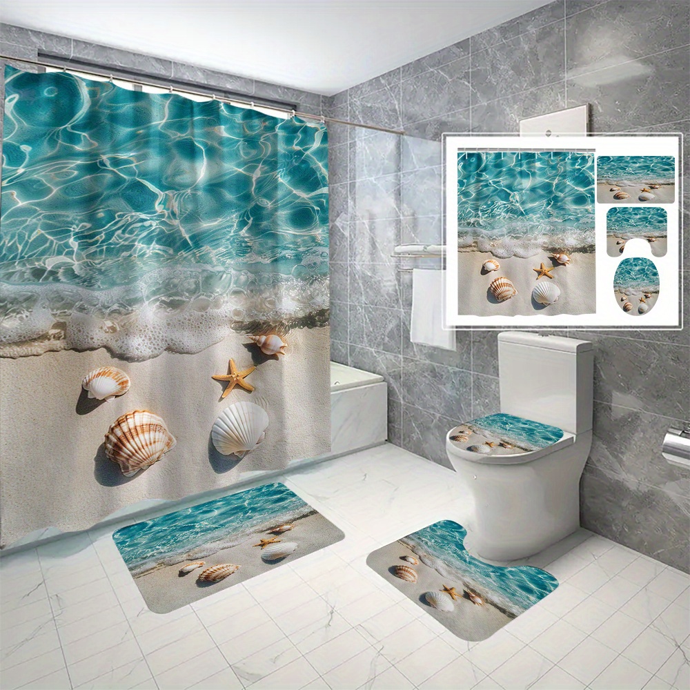 

4pcs Coastal Seashell Shower Curtain And Mats, Waterproof Shower Curtain With 12 Hooks, Bathroom Rug, Toilet Mat, Toilet Lid Cover Pad, Bathroom Decor, Shower Curtain Sets For Bathrooms