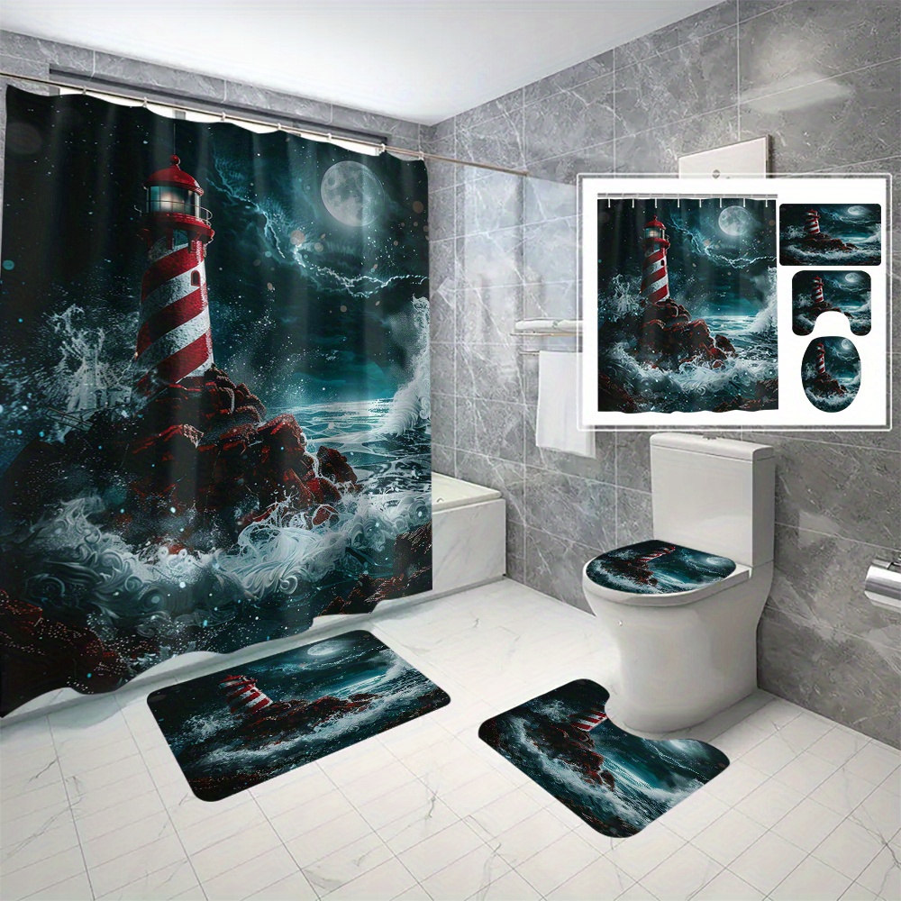 

4pc Nautical Lighthouse Shower Curtain Set With Non-slip Rugs, Toilet Lid Cover And Bath Mat, Digital 3d Printing, Waterproof & Mildew Resistant, Scene, With 12 C-type Hooks, Easy Install