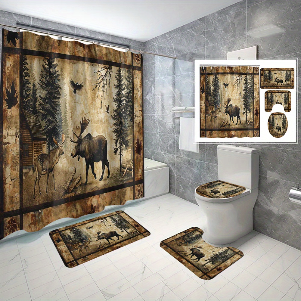 

4pcs/set Rustic Wildlife Shower Curtain Set With Hooks, Waterproof And Mildew Resistant, 3d Digital Print Forest Animals Bath Curtain, Anti-mold Bathroom Decor With Non-puncture Installation