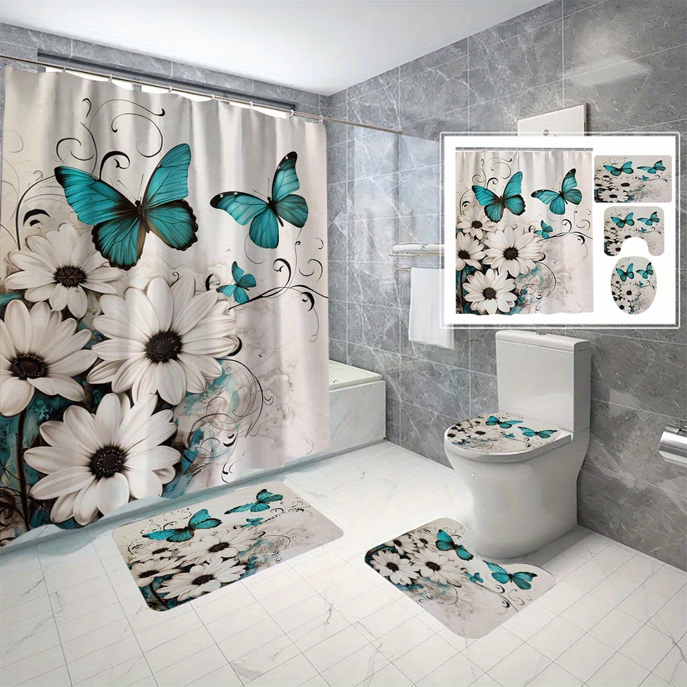 

& Floral 3d Print Shower Curtain Set - Waterproof, No-hook Installation With Hooks Included, Machine Washable - All