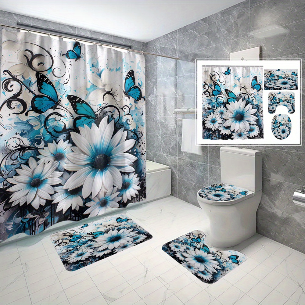 

Waterproof Cartoon & Floral Print Shower Curtain Set With Hooks - Machine Washable, Polyester Bathroom Decor