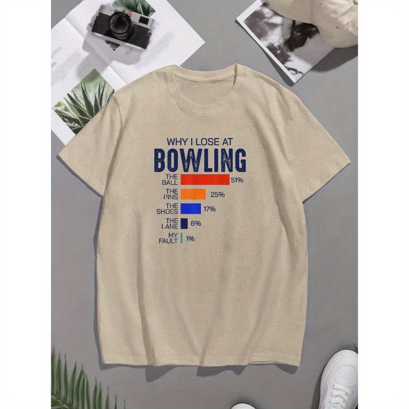 

Bowling Letter Print Men's Short Sleeve T-shirts, Comfy Casual Elastic Crew Neck Tops For Men's Outdoor Activities