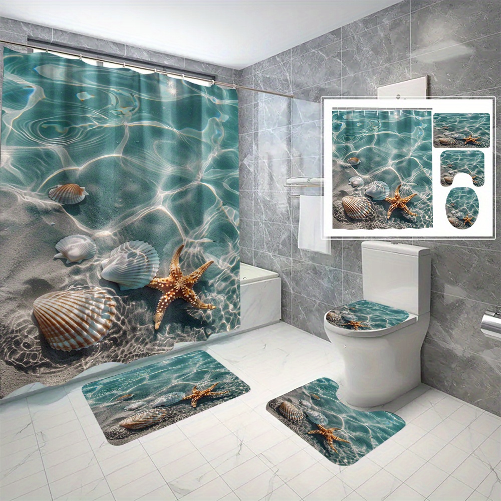 

4pcs/set Ocean Theme Bathroom Set, 3d Digital Printed Waterproof Mold-resistant Shower Curtain With Sea Shell Design, Includes Curtain With C-type Hooks, Toilet Lid Cover, Bath Mat & U-shaped Rug