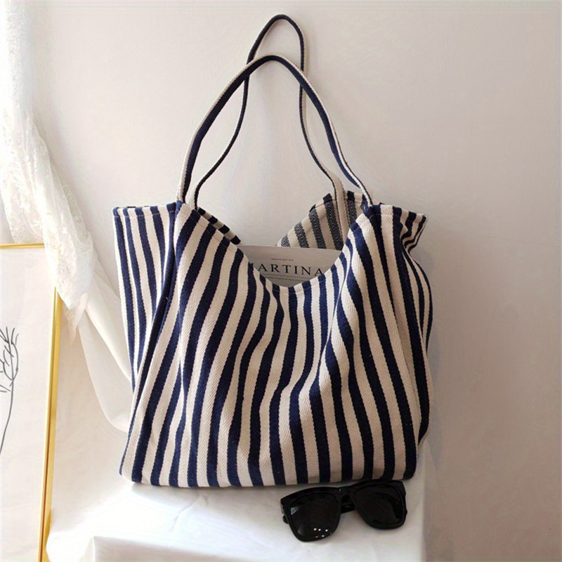 

Chic Striped Canvas Tote- Spacious & Versatile- Ideal For Work, School Or