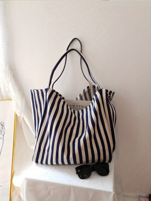 chic striped canvas tote   versatile ideal for work school or   details 0