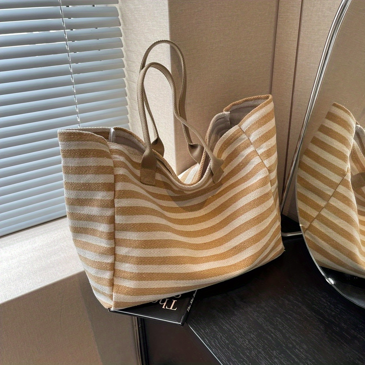 TEMU Vintage Striped Tote Bag For Women, Casual Hobo Handbag With Polyester Lining, Large Capacity Travel Beach Shopping Bag With Snap Closure