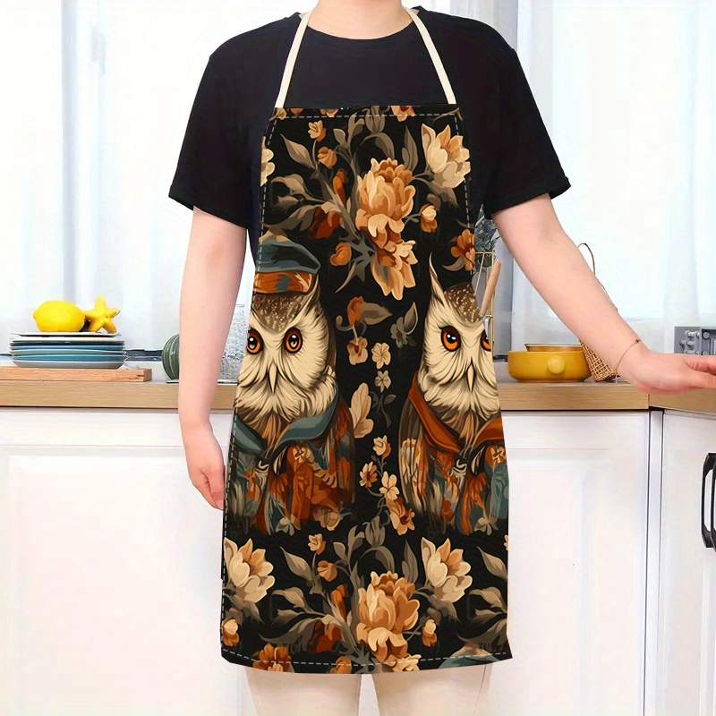 

1pc Cartoon Owl Print Linen Apron - Sleeveless, Woven Adult Apron For Kitchen And Household Duties