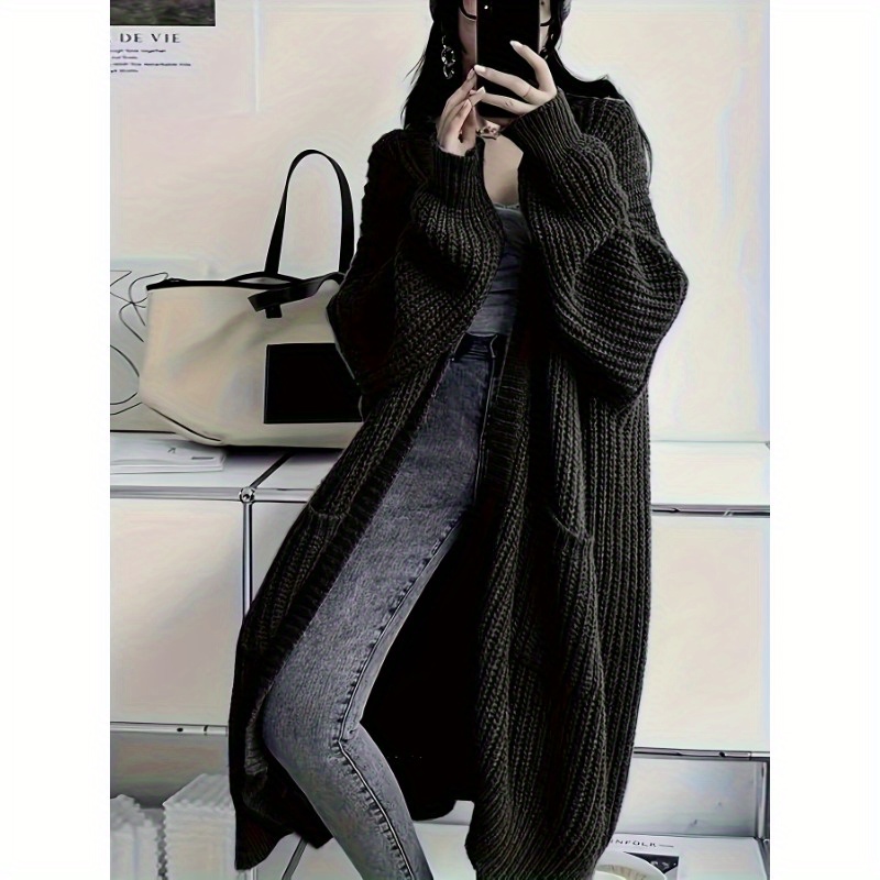 

Solid Color Open Front Cardigan, Casual Drop Shoulder Pockets Long Sleeve Cardigan For Fall & Winter, Women's Clothing