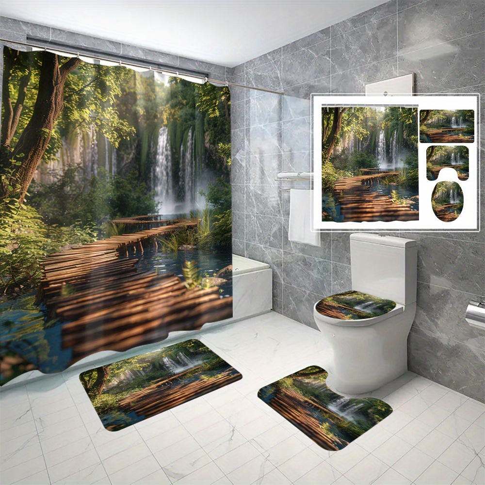 

4pcs/set Nature Inspired Bathroom Set, 3d Digital Print Forest Pathway Shower Curtain With Curtain, Toilet Lid Cover, And Bath Mat, Easy Install No Drilling Needed