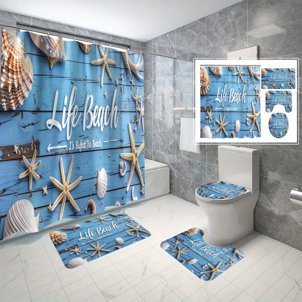 

4pcs/set Nautical Shower Curtain Set, 3d Digital Print Waterproof And Mildew Resistant, "" Shell Design, Bathroom Decor With 12 C-type Hooks And Matching Mats