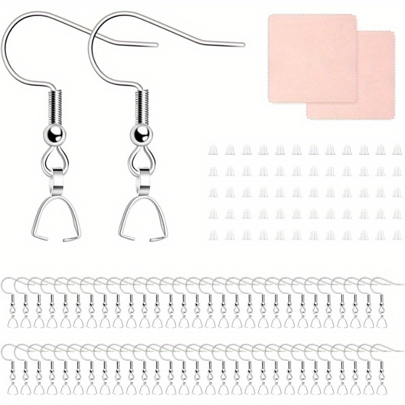 100 unidades, ganchos de acero inoxidable hipoalergénicos con cierres para colgantes, respaldos de silicona transparente y paños de  , color plateado, kit para hacer aretes, ideal para bricolaje